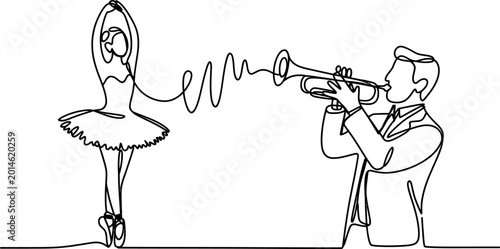 Foto Continuous single line drawing of a male trumpet player playing music for a grac