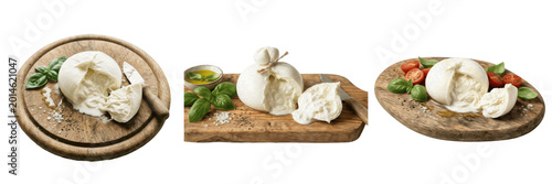 Fresh Burrata Cheese on Wooden Board PNG, Italian Mozzarella with Basil and Olive Oil, Gourmet Food Transparent Background Clipart.