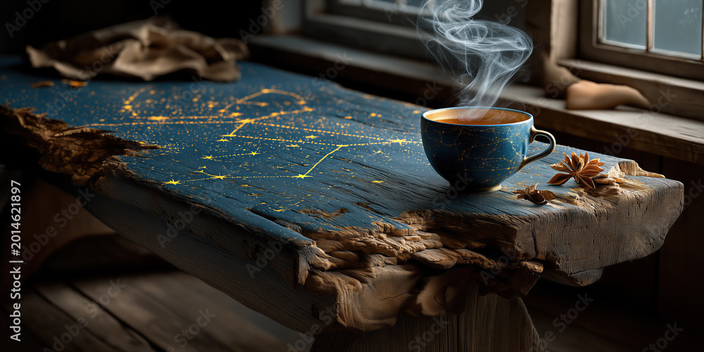 Naklejka premium Tranquil scene featuring steaming blue mug amid falling leaves and starlit window glow