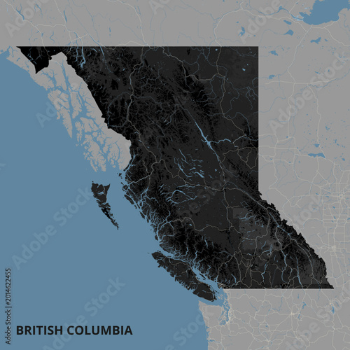 High-contrast, stylized map of British Columbia, Canada, highlighting the province's rugged mountainous terrain and extensive coastline.