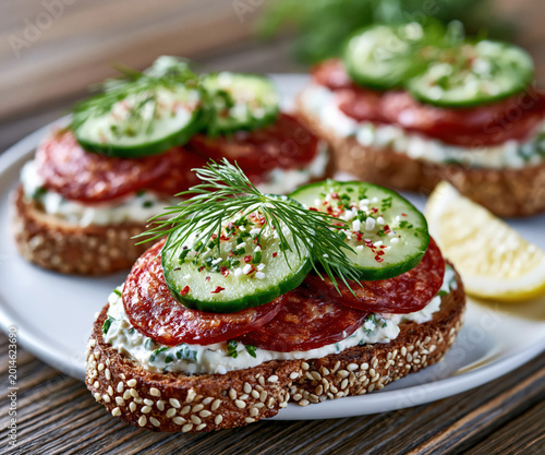 Close-up of open-faced seeded bread sandwiches with herbed cream cheese, salami, cucumber, and fresh dill on a plate created with Generative AI Technology, ai, generative