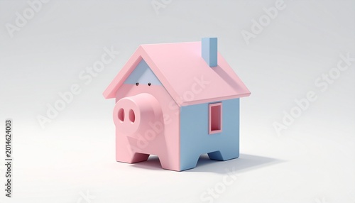 Conceptual illustration of a stylized pink and blue piggy bank shaped like a house, symbolizing the journey of saving money for homeownership and real estate investments