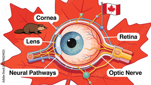 Bild auf Leinwand Anatomical illustration of the human eye, featuring its key components like the cornea, lens, retina, and optic nerve, set against a backdrop of a Canadian maple leaf with a beaver and flag