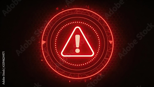 Futuristic red warning alert icon with glowing exclamation mark digital cybersecurity threat symbol holographic interface element danger notification sign abstract technology