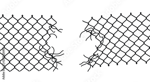Quadro su tela Torn Chain Link Fence, Broken Barrier, Damaged Security Mesh