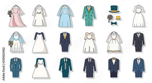 Fotografie Wedding Attire Collection: Bridal Gowns & Groom Suits Illustration