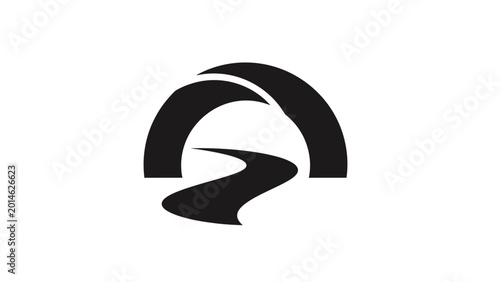 Abstract black and white logo of a winding path under a curved structure