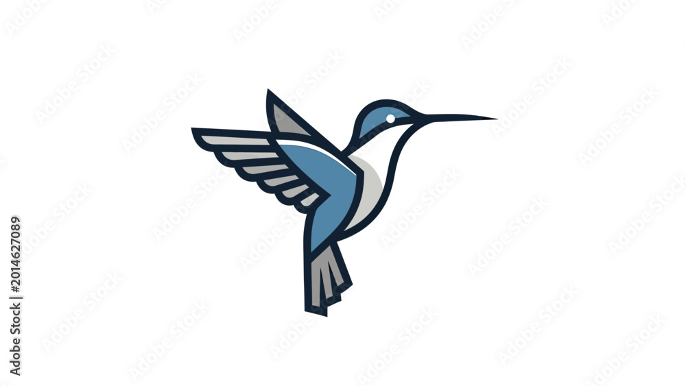 Obraz premium Stylized blue and gray hummingbird in mid-flight with wings spread