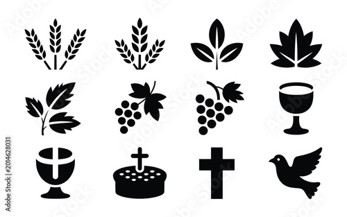 Bild auf Leinwand Christian communion elements vector icons set including wheat grapes bread wine