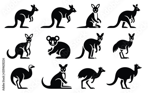Canvas Print Collection of black silhouette icons representing various australian animals inc