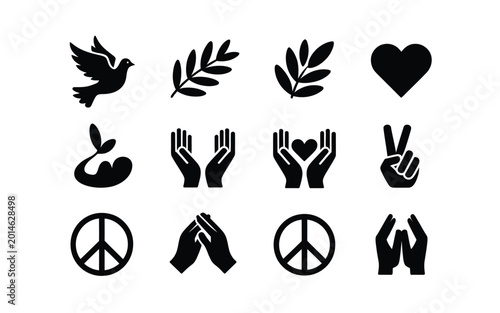 Schilderij op canvas Vector illustration of peace symbols hands and hearts on white background for pe