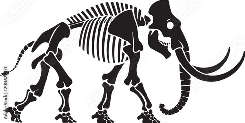 Tableau sur toile Large black and white silhouette illustration of a prehistoric mammoth skeleton with long curved tusks for museum and educational designs