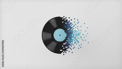 Vinyl record half dissolving into digital blue pixelated particles on white background.
