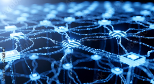 A futuristic network of glowing blue nodes and connections spreads across a dark background.