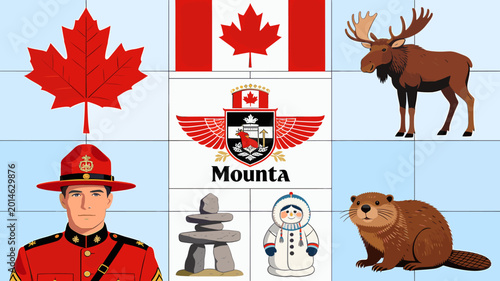 Quadro su tela A vibrant collage showcasing iconic Canadian symbols including the maple leaf flag, a Royal Canadian Mounted Police officer, a moose, a beaver, an inukshuk, and a crest
