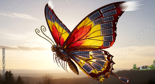 A butterfly with colorful wings flies over a natural landscape at sunset.