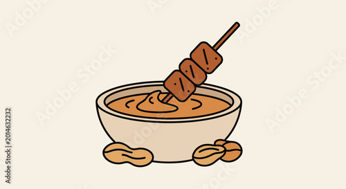 Bilde på lerret Skewered food dipped in smooth spread with peanuts