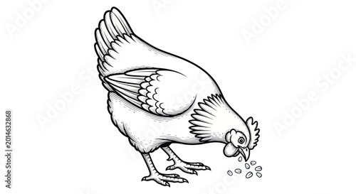 Photos Hand-drawn chicken pecking seeds on white background, farm animal illustration