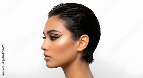 Portrait of Beautiful Woman with Modern Makeup and Sleek Hair
