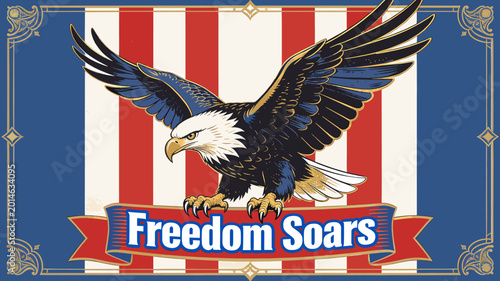 Canvastavla A majestic bald eagle with outstretched wings soars against a backdrop of red and white stripes and a blue border, with the words Freedom Soars emblazoned on a banner below