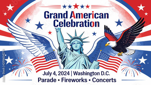 Quadro su tela Grand American Celebration featuring the Statue of Liberty, an eagle, and American flags on July 4, 2024, in Washington D