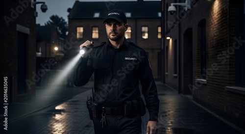 Professional night security guard patrolling urban street