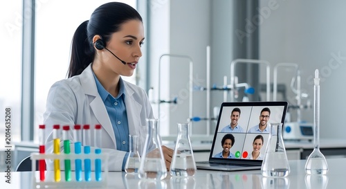 Professional scientist on video call in modern laboratory setting