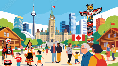 A vibrant illustration showcasing Canadian culture and diversity with iconic landmarks like the Parliament Building and CN Tower, diverse people, and Indigenous heritage.