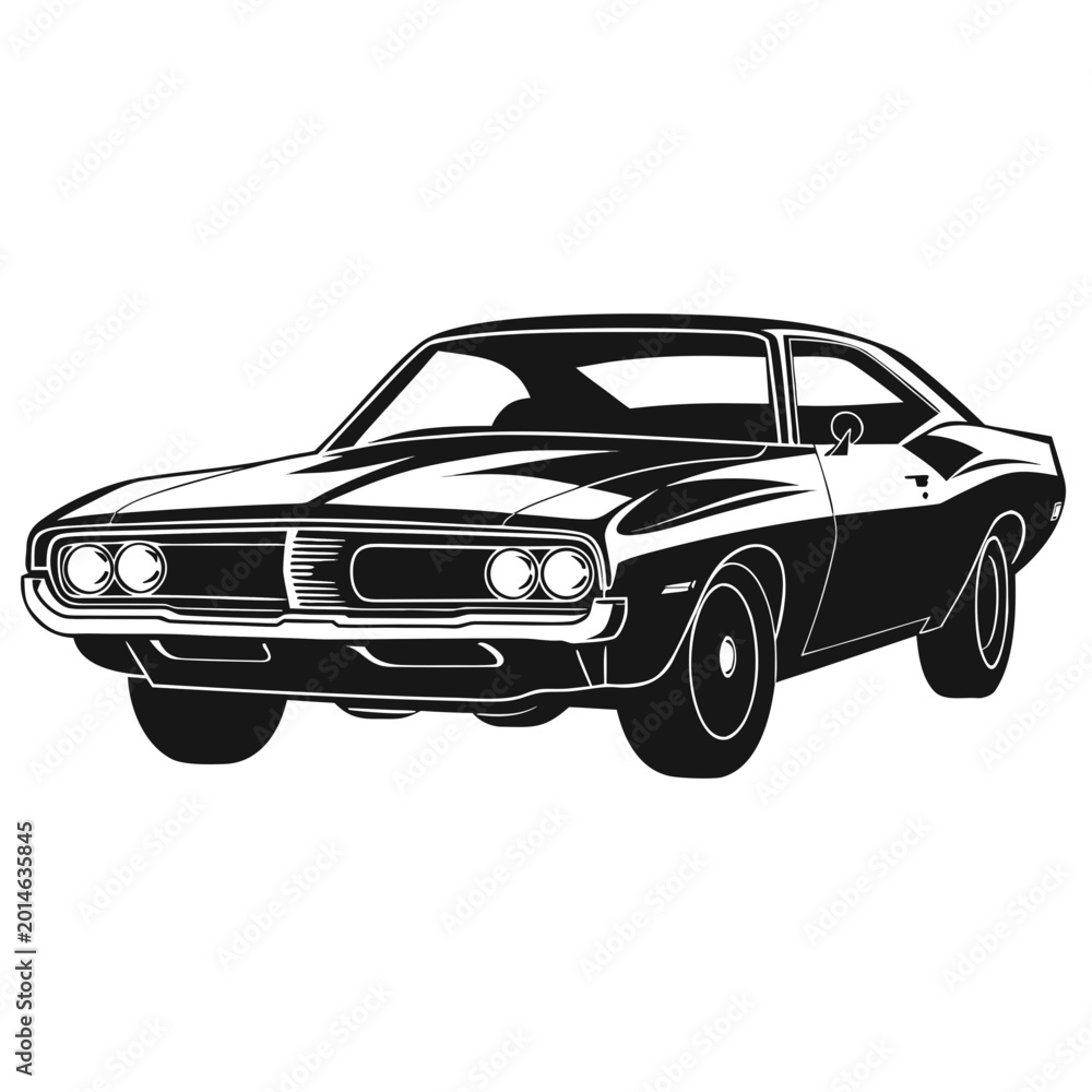 Fototapeta premium Black and white illustration of a classic american muscle car