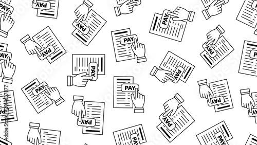 Seamless financial pattern featuring an outline bill document, an interactive pay button, and a hand gesture above it on a transparent background representing digital payments and the bill payment con