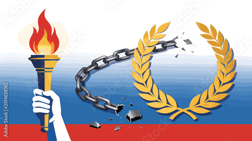 Foto A hand holding a flaming torch connected by a broken chain to a shattered laurel wreath against a red, white, and blue background
