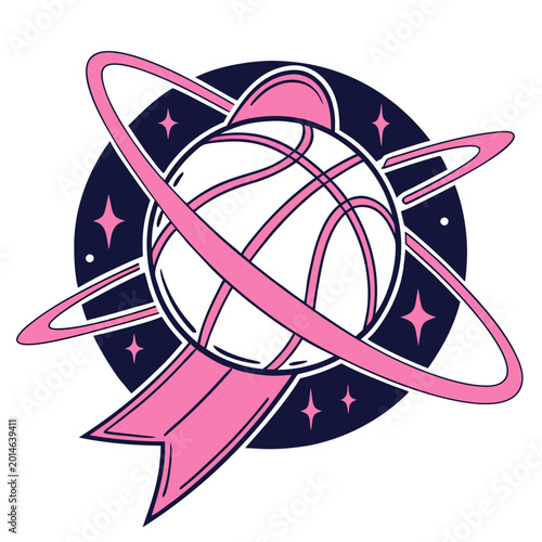 Planet with basketball and ribbon space art.