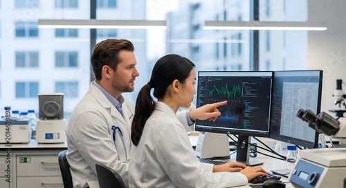 Scientists analyzing data and research on laboratory equipment