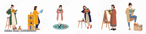 Konstfotografi Collection of diverse female characters reading books in educational settings wi