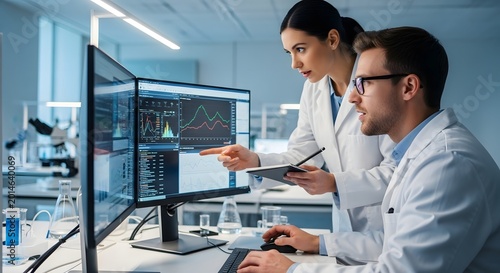 Scientists analyzing medical data on computer screens