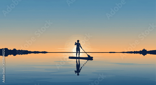 Silhouette of a person paddleboarding on calm water at sunset