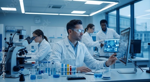 Scientists collaborating research in modern clinical laboratory setting