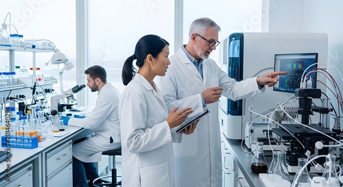 Scientists discussing results at modern laboratory workstation