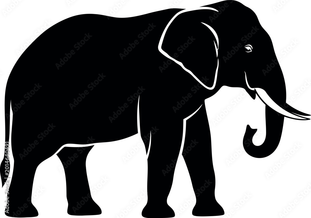 Fototapeta premium Elephant silhouette vector illustration, majestic african elephant profile in black and white, minimalist wildlife animal icon for logo design