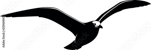 Minimalist seagull flying vector silhouette, black and white sea bird icon, soaring gull with spread wings, nautical coastal wildlife graphic