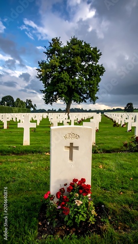 Serene military cemetery with tree and flowers.