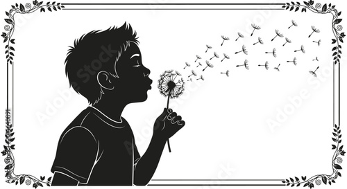 Foto Silhouette of boy blowing dandelion seeds, with decorative border