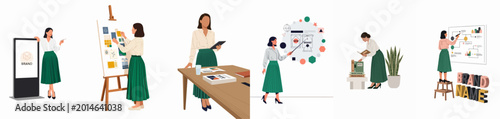 Εκτύπωση καμβά A series of flat vector illustrations showing a professional woman designer managing brand identity, from research to presentation and strategy