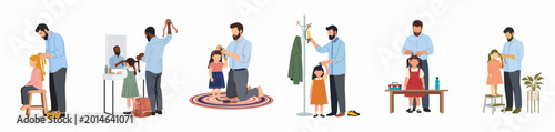 Bild auf Leinwand Collection of Fathers Braiding and Styling Their Young Daughters' Hair in Various Daily Life Scenes, Highlighting Parenting and Bonding