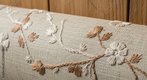Detailed close-up of woven grasscloth wallpaper with subtle floral embroidery in neutral tones