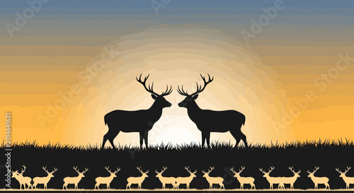 Fotografie Two stags face each other in silhouette against a sunset, with smaller deer belo