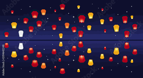 Photos Night sky filled with numerous glowing red, orange, and yellow lanterns