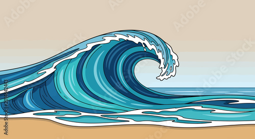 Vászonkép A large, curling blue wave crests over a sandy beach under a pale sky
