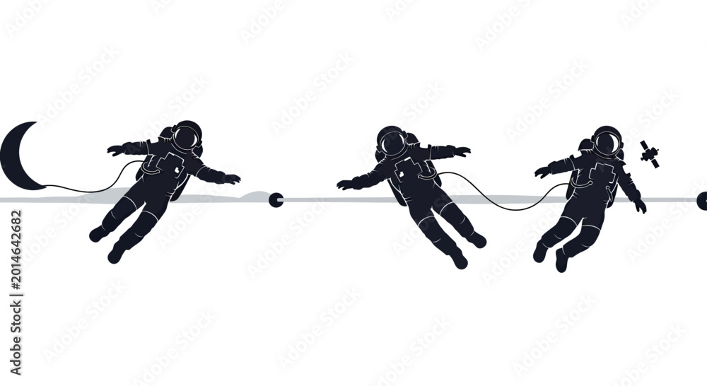 Εκτύπωση καμβά Silhouetted astronauts float in space, tethered to a line with moon and satellit