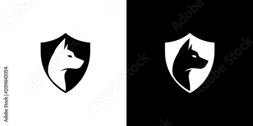 Shield Security Logo Design with Dog Silhouette Motif. Strong and bold logo design on shield icon with shepherd dog motif inside.